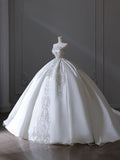 Ball Gown Strapless Sleeveless Pleats White Satin Wedding Dress SD1664