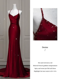 Mermaid Spaghetti Straps Floor Length Burgundy Satin Backless Prom Dresses SD1667