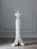 Sheath High Neckline White Sequin Long Wedding Dresses Brides Dress SD1669