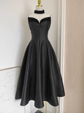 A line Spaghetti Straps Black Vacation Dress Satin Women Dresses SD169