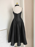 A line Spaghetti Straps Black Vacation Dress Satin Women Dresses SD169