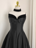 A line Spaghetti Straps Black Vacation Dress Satin Women Dresses SD169