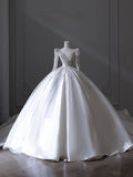 Ball Gown Scoop Neckline Long Sleeves Pleats Beads White Satin Wedding Dresses SD1700