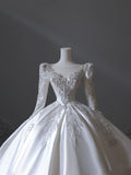 Ball Gown Scoop Neckline Long Sleeves Pleats Beads White Satin Wedding Dresses SD1700