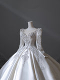 Ball Gown Scoop Neckline Long Sleeves Pleats Beads White Satin Wedding Dresses SD1700