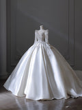 Ball Gown Scoop Neckline Long Sleeves Pleats Beads White Satin Wedding Dresses SD1700