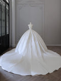 Ball Gown Strapless Sleeveless Pleats White Satin Lace Wedding Dress Bridal Dresses SD1701