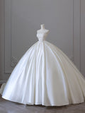 Ball Gown Strapless Sleeveless Pleats White Satin Lace Wedding Dress Bridal Dresses SD1701