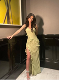 Mermaid Straps Floor Length Slit Yellow Evening Dress Prom Dresses SD1703