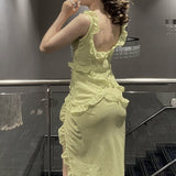 Mermaid Straps Floor Length Slit Yellow Evening Dress Prom Dresses SD1703