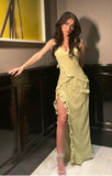 Mermaid Straps Floor Length Slit Yellow Evening Dress Prom Dresses SD1703