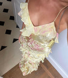 Mermaid Spaghetti Straps Floor Length Floral Yellow Chiffon Evening Dress Lace Prom Dresses SD1707