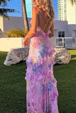 Mermaid Spaghetti Straps Floor Length Floral Pink Chiffon Evening Dress Lace Prom Dresses S1707