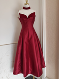 A line Spaghetti Straps Burgundy Vacation Dress Satin Women Dresses SD170