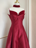 A line Spaghetti Straps Burgundy Vacation Dress Satin Women Dresses SD170