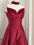 A line Spaghetti Straps Burgundy Vacation Dress Satin Women Dresses SD170