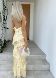 Mermaid Spaghetti Straps Floor Length Floral Yellow Chiffon Evening Dress Lace Prom Dresses SD1707