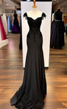 Mermaid Straps Chiffon Black Lace Evening Dress Prom Dresses SD1714