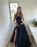 A Line Strapless Black Satin Evening Dress With Split Prom Dresses SD1715
