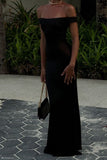 Sheath Off The Shoulder Black Satin Evening Dress Prom Dresses SD1721