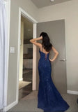 Sheath Spaghetti Straps Royal Blue Slit Long Evening Dress Prom Dresses SD1725