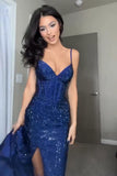 Sheath Spaghetti Straps Royal Blue Slit Long Evening Dress Prom Dresses SD1725