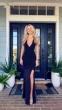 Sheath Spaghetti Straps Black Slit Long Evening Dress Prom Dresses SD1729