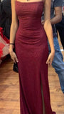 Sheath Spaghetti Straps Burgundy Slit Long Evening Dress Prom Dresses SD1731