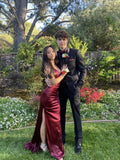 Sheath Straps Burgundy Slit Long Evening Dress Prom Dresses SD1734