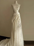White Mermaid One Shoulder Satin Lace Pleats Wedding Dress SD1738