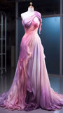 Ball Gown One Shoulder Pink Ombre Pink Chiffon Long Evening Dress Prom Dresses SD1742
