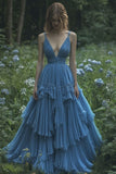 Ball Gown Spaghetti Straps Blue Chiffon Long Evening Dress Prom Dresses SD1744