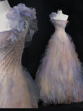 Ball Gown One Shoulder Ruffles Tulle Long Evening Dress Prom Dresses SD1745