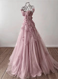 Pink Off Shoulder Tulle Floral Party Dress Tulle Prom Dress Evening Dress SD1747