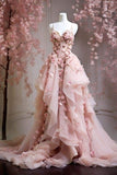 Ball Gown Spaghetti Straps Pink Floral Tulle Evening Dress Prom Dresses SD1752