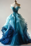 Light Off The Shoulder Tulle Blue Party Dress Prom Dress Evening Dress SD1755
