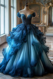 Light Off The Shoulder Tulle Blue Party Dress Prom Dress Evening Dress SD1756