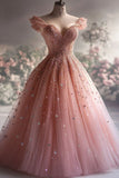 Ball Gown Off The Shoulder Pink Tulle Party Dress Long Prom Dress Evening Dresses SD1768