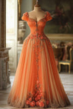 Ball Gown Sweetheart Orange Chiffon Floral Evening Dress Long Prom Dresses SD1779