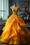 Ball Gown Off The Shoulder Yellow Tulle Party Dress Long Prom Dresses Evening Dresses SD1784