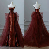 Mermaid Strapless Burgundy Floor Length Evening Dress Sequin Prom Dresses SD1798