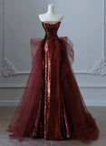 Mermaid Strapless Burgundy Floor Length Evening Dress Sequin Prom Dresses SD1798