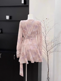 A line V-neck Ruffled Floral Short Women's Long Sleeve One-Piece Women Dresses SD179
