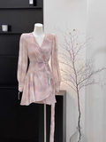 A line V-neck Ruffled Floral Short Women's Long Sleeve One-Piece Women Dresses SD179
