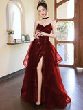Mermaid Spaghetti Straps Floor Length Burgundy Sequin Long Prom Dresses SD1800