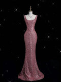 Mermaid Straps Floor Length Pink Sequin Long Prom Dresses Evening Gowns SD1802
