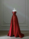 Mermaid Strapless Red Floor Length Evening Dress Sequin Prom Dresses SD1805