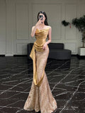 Mermaid Strapless Gold Satin Long Prom Dresses Evening Gowns SD1808