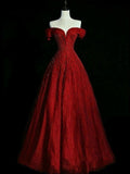Ball Gown Off The Shoulder Burgundy Long Party Dress Tulle Prom Dresses SD1809