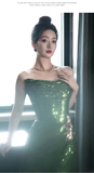 Mermaid Strapless Dark Green Sequin Long Prom Dresses Evening Gowns SD1810